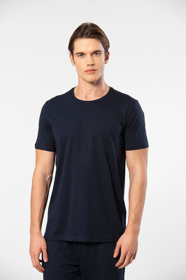 2169 Erkek Modal Pamuk Bisiklet Yaka Kısa Kollu T-shirt-lacivert - 1