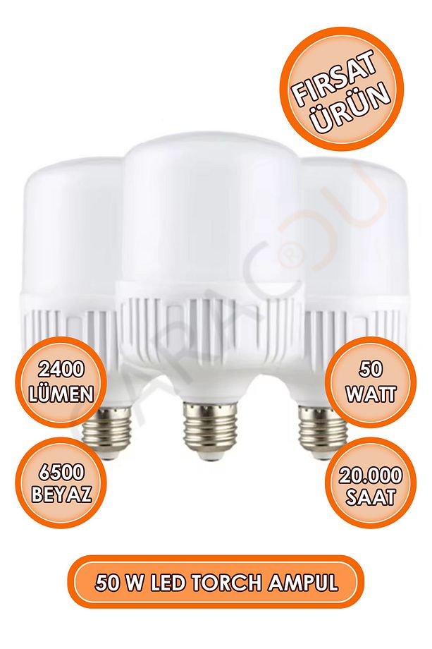 50 Watt Torch Led Büyük Boy Ampul Beyaz Işık Tasarruflu Ampül E27 Normal Duy 1 Adet - 3