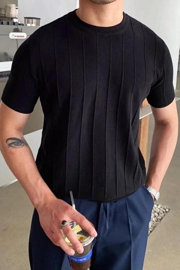 Siyah Örme Triko Tshirt - 1