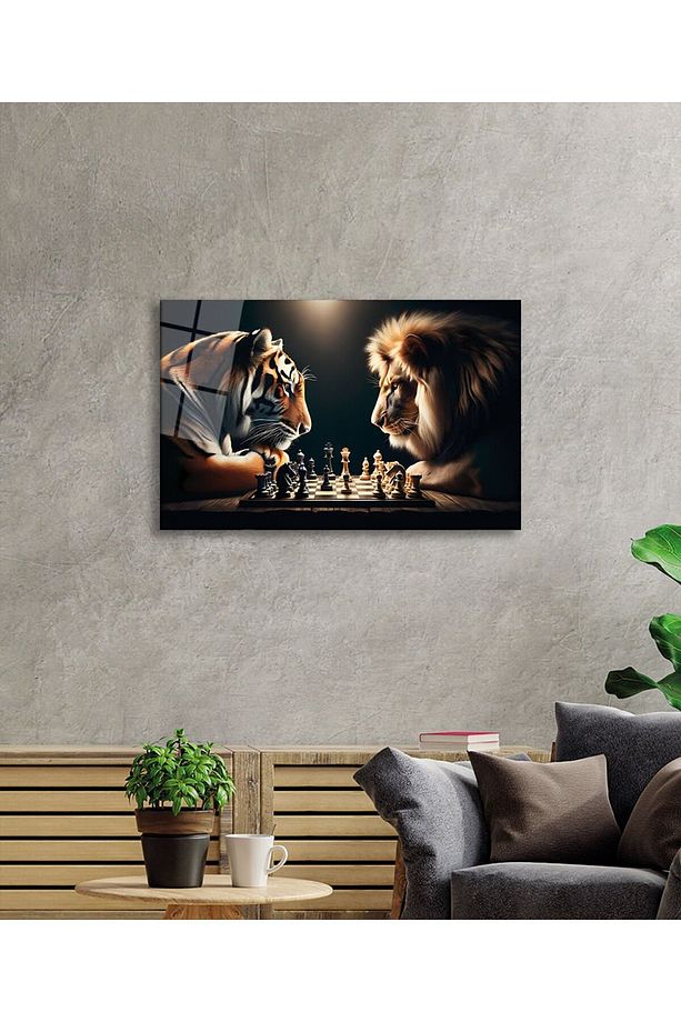 Satranç Ustaları Kaplan vs Aslan Cam Tablo Yapay Zeka Hediyelik Büyük Tablo Ev Ofis Dekoru - 1
