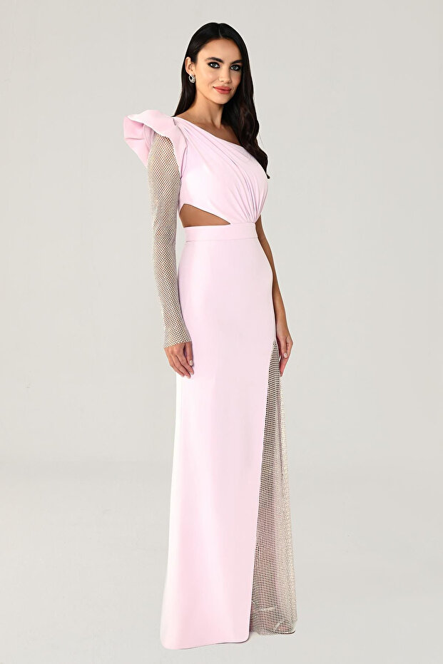 Kadın Tek Kolu Ve Yırtmacı Transparan Uzun Pembe Abiye & Mezuniyet Elbisesi Ab5918-pembe - 3