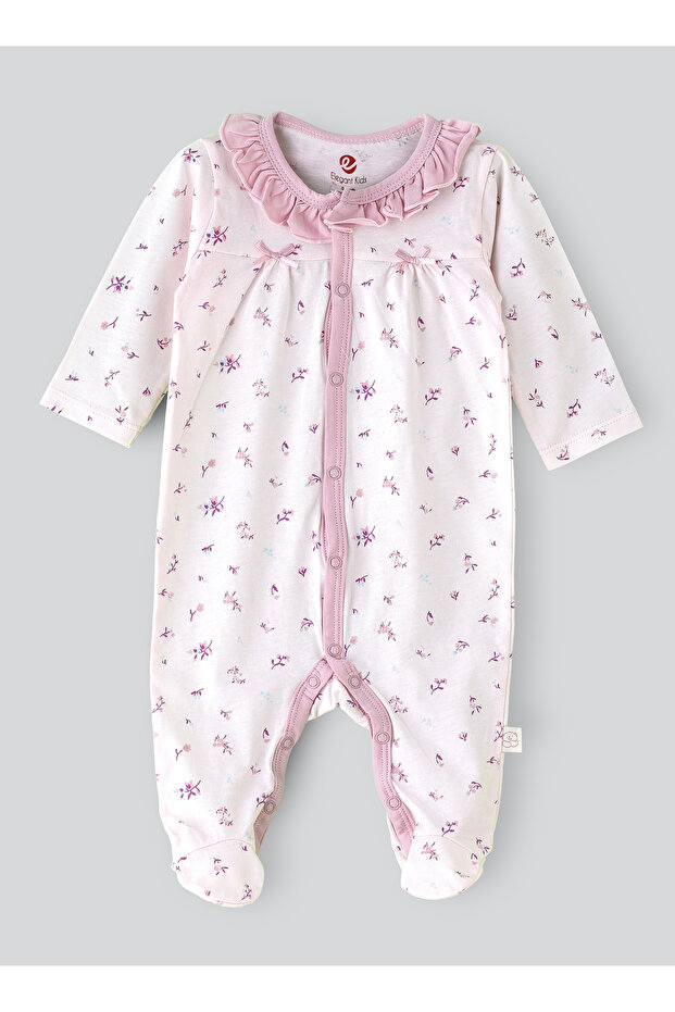 Girls' Floral Printed Ruffle Collar Sleepsuit with Snap Closure