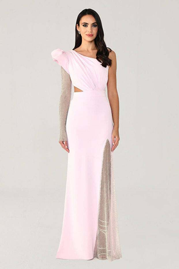 Kadın Tek Kolu Ve Yırtmacı Transparan Uzun Pembe Abiye & Mezuniyet Elbisesi Ab5918-pembe - 1