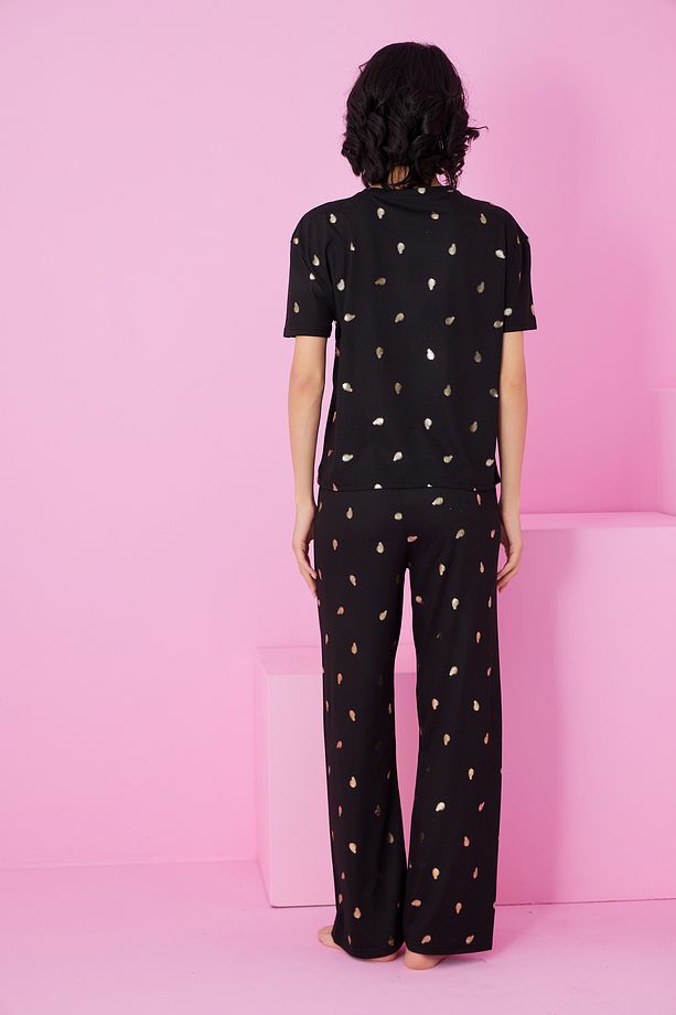 siyah yaprak Varak Baskılı Örme Pijama Takım7845 - 3