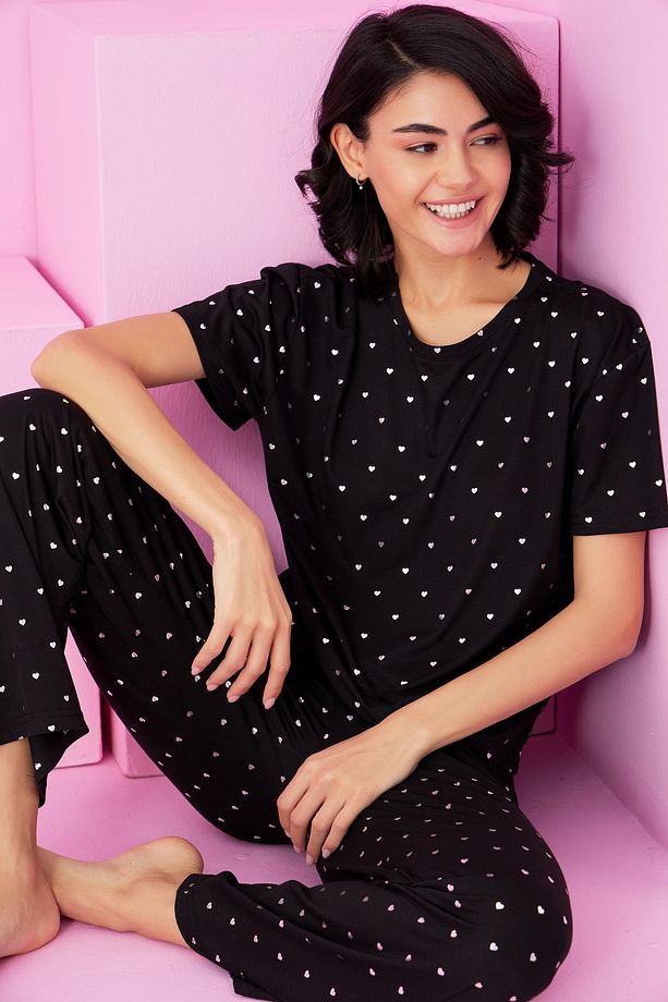 siyah kalp Varak Baskılı Örme Pijama Takım7845 - 1
