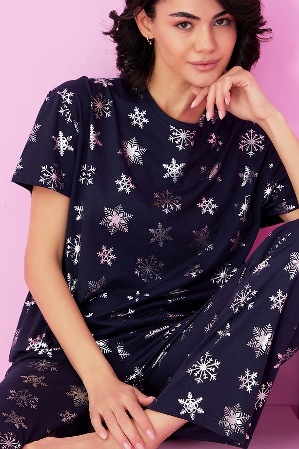 lacivert kar tanesi Varak Baskılı Örme Pijama Takım7845 - 1