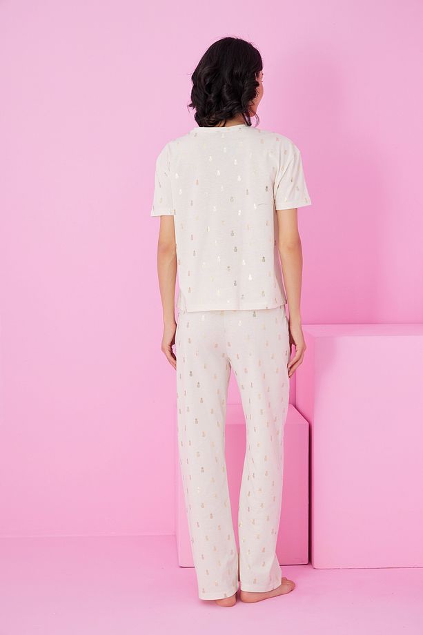 ekru ananas Varak Baskılı Örme Pijama Takım7845 - 3