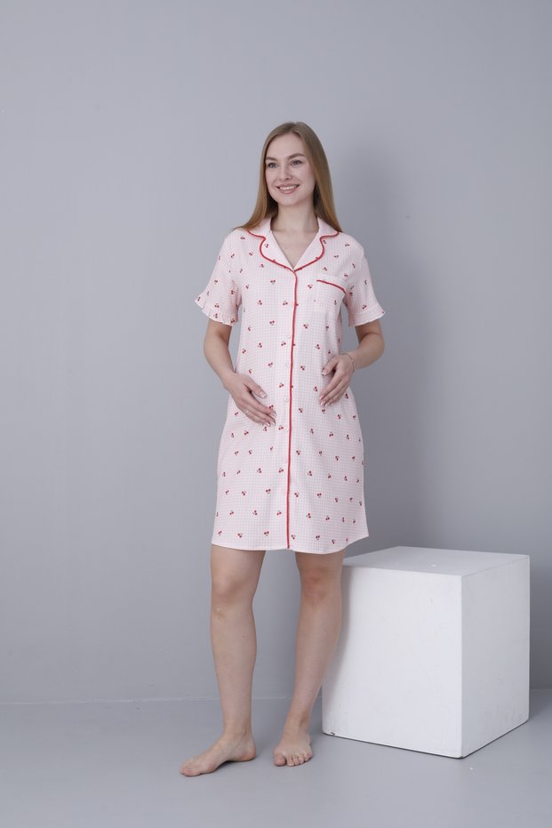 Shirt-Collar, Front-Buttoned, Sleeve-Ruffle-Detail Woven Fabric Nightgown for Pregnant Women and New Mothers