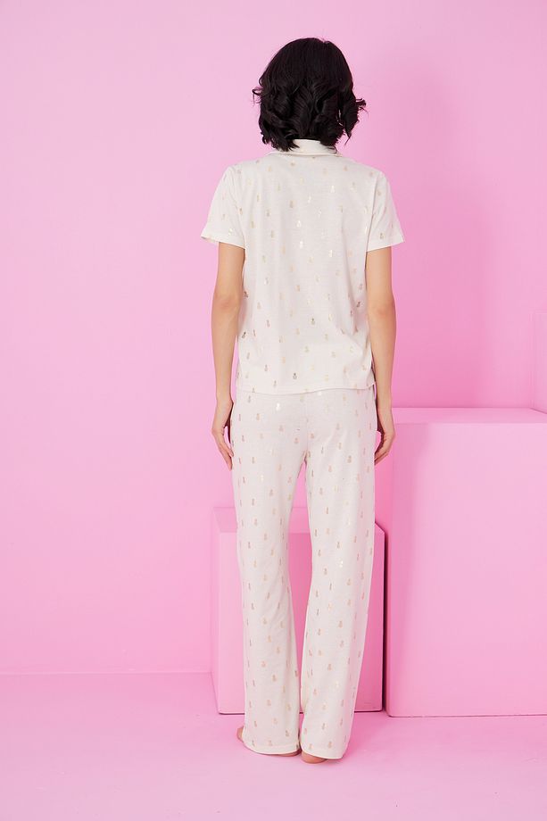 ekru ananas Varak Baskılı Örme Düğmeli Pijama Takım7846 - 3