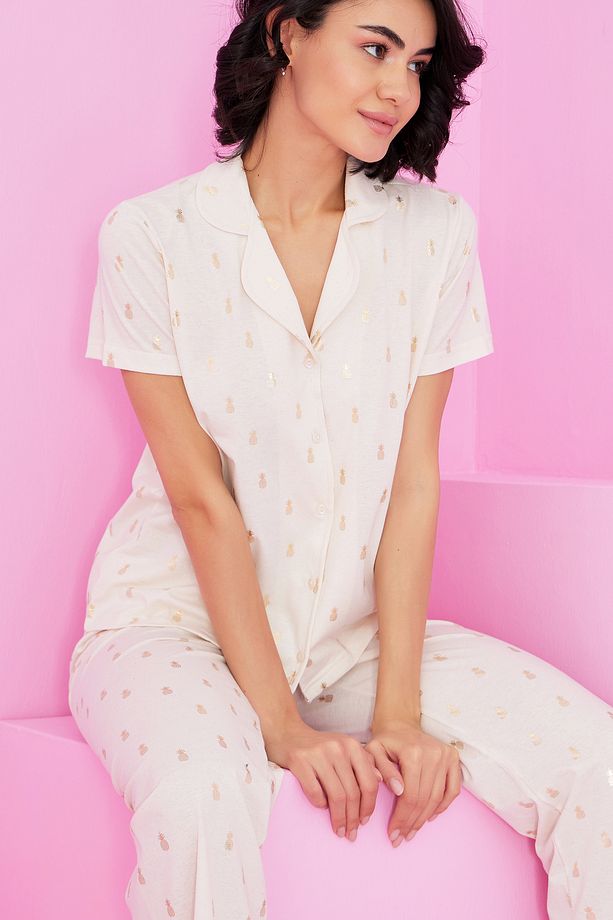 ekru ananas Varak Baskılı Örme Düğmeli Pijama Takım7846 - 1