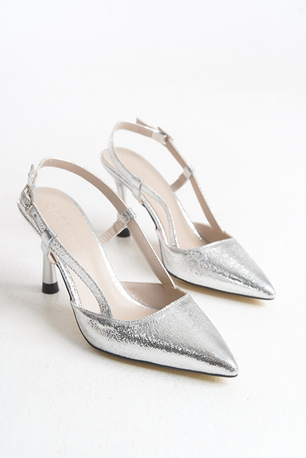 Women's Special Shiny Metallic Design Stiletto Ankle Strap Pointed Toe Classic Heeled Shoes