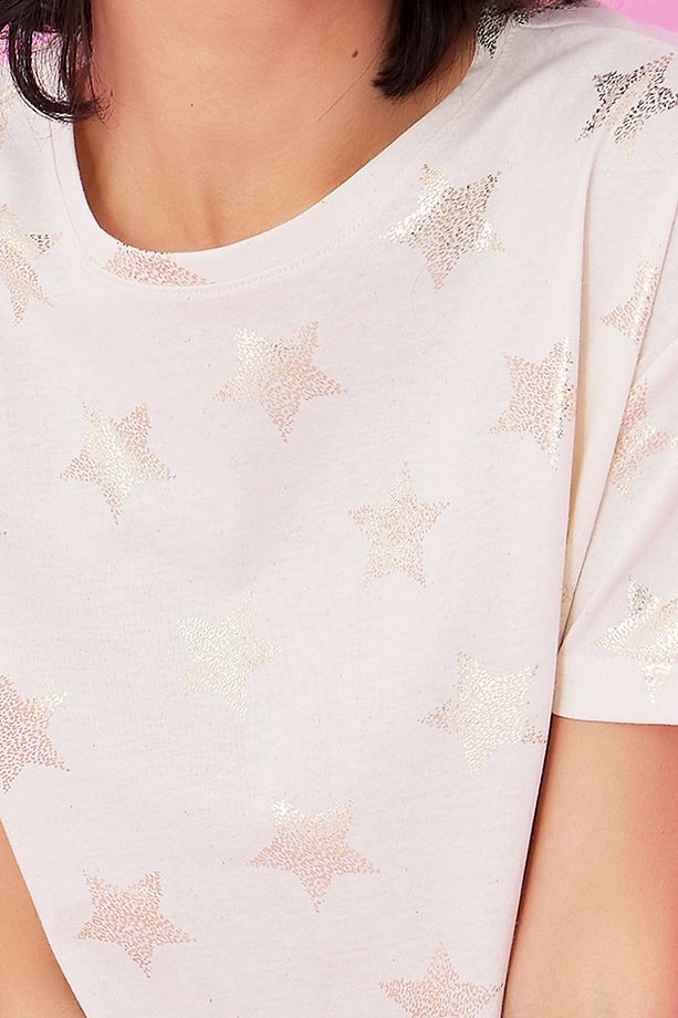 ekru yıldız Varak Baskılı Örme Pijama Takım7845 - 4