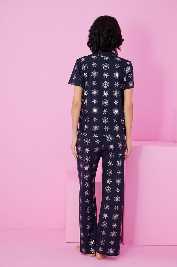 lacivert kar tanesi Varak Baskılı Örme Düğmeli Pijama Takım7846 - 3