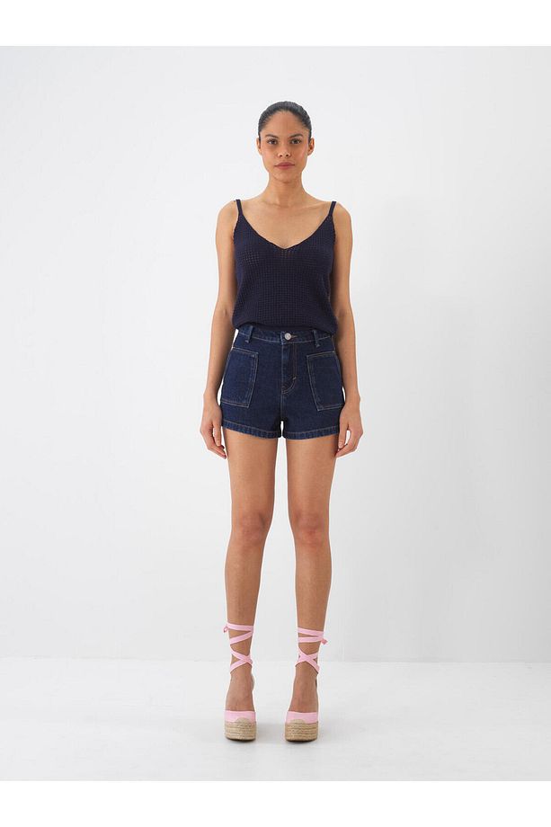 Kadın Lacivert Regular Fit Pamuklu Denim Şort - 1