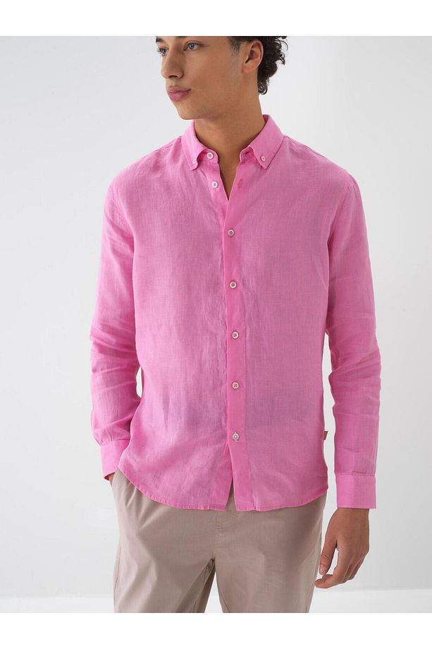 Erkek Pembe Regular Fit Keten Basic Gömlek - 1