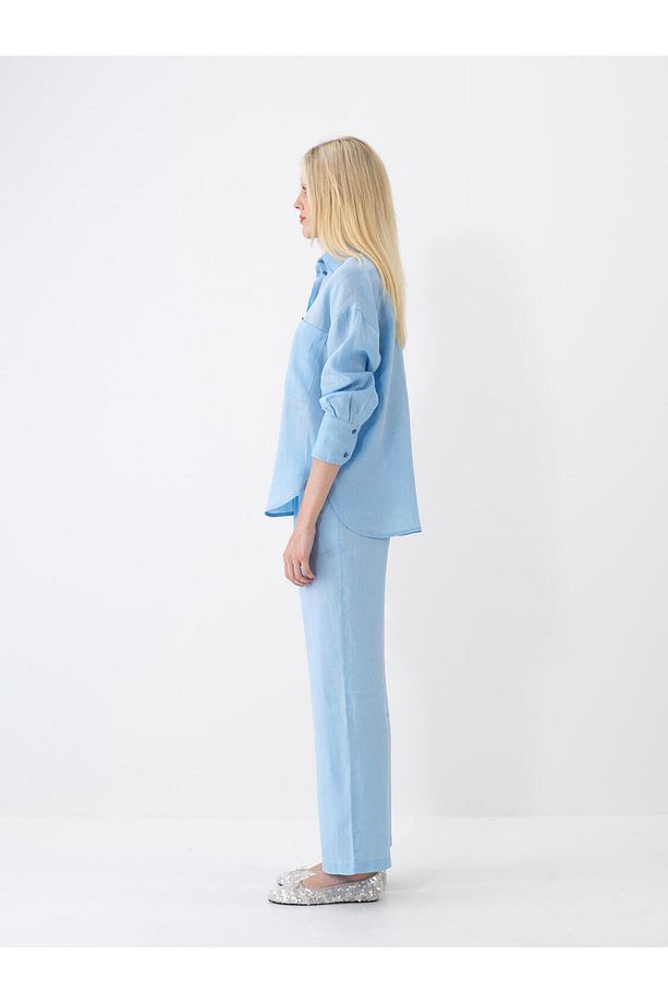 Kadın Mavi Regular Fit Keten Basic Pantolon - 4