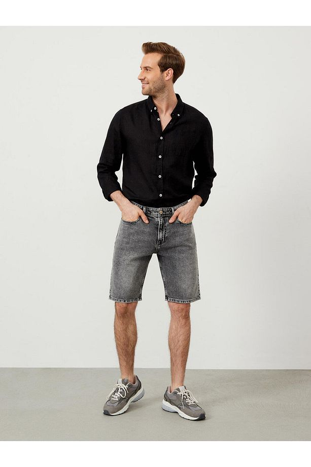 Erkek Gri %100 Pamuk Regular Fit Denim Şort - 2