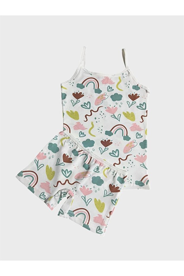 Girl's 100% Cotton White Rainbow Flower Patterned Athlete Boxer Set