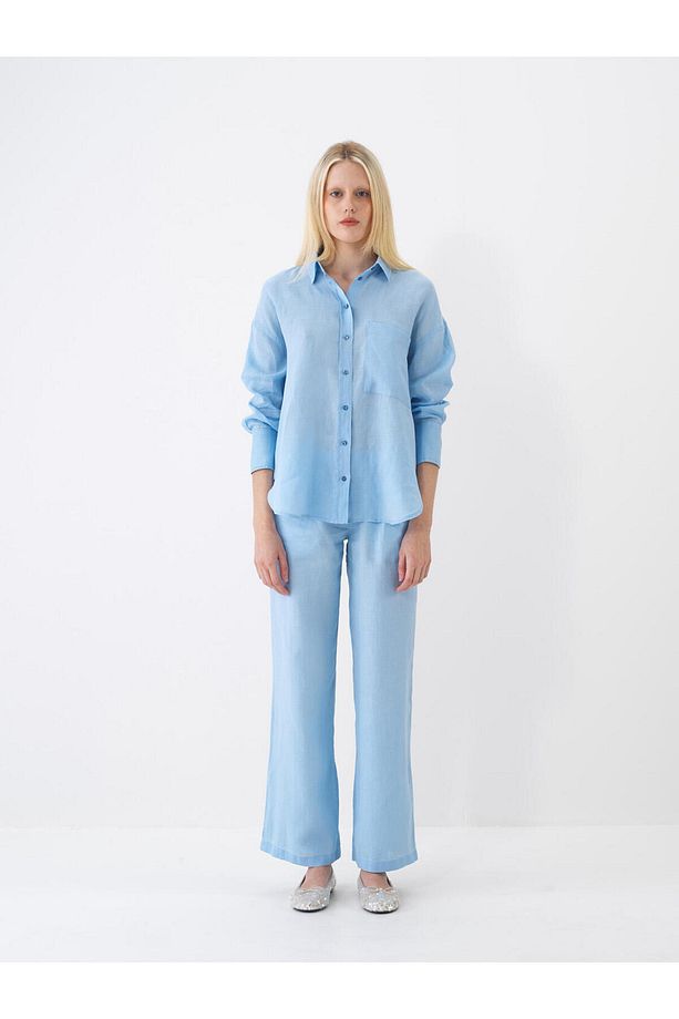 Kadın Mavi Regular Fit Keten Basic Pantolon - 2