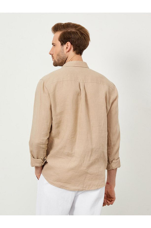 Erkek Bej Regular Fit Keten Basic Gömlek - 4