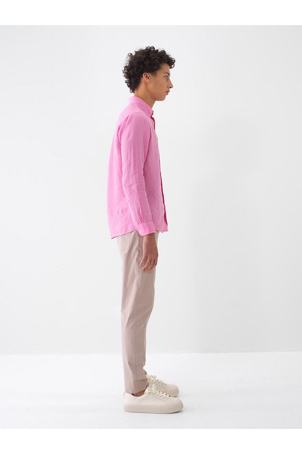 Erkek Pembe Regular Fit Keten Basic Gömlek - 3
