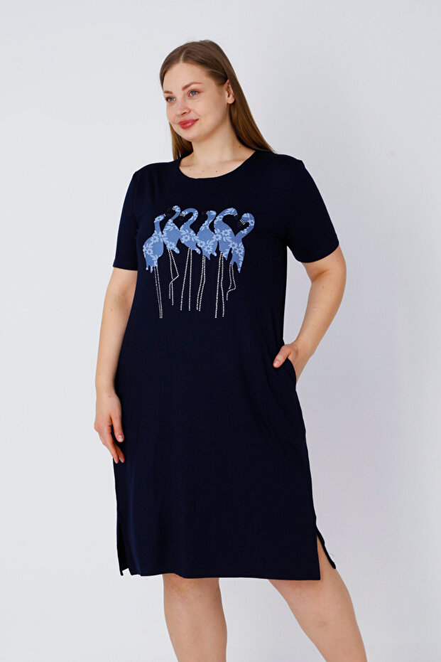 Navy Blue Pocket Embroidery and Stone Detailed Viscose Women's Large Size Short Sleeve Dress