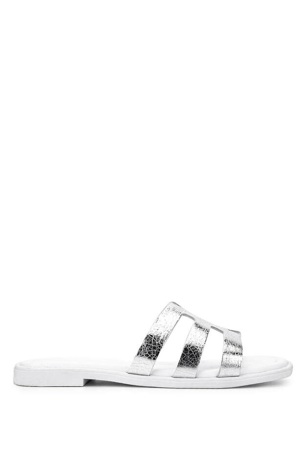 Women's Genuine Leather White/Lame Flat Slippers