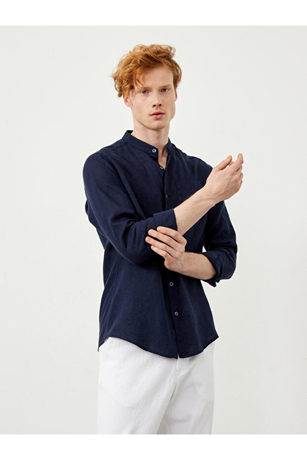 Erkek Lacivert Regular Fit Keten Basic Gömlek - 4