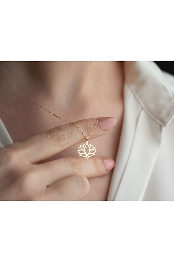 14 Ayar Altın Lotus Çiçeği Kolye Minimalist Hafif Kolye, 1,2 cm Genişlik - 5