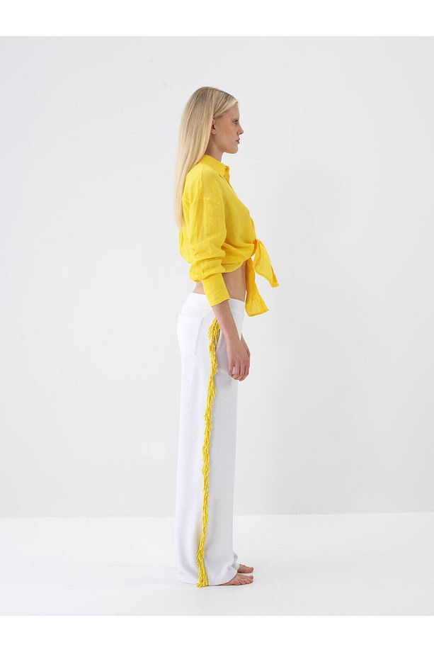 Kadın Sarı Oversize Keten Basic Gömlek - 3