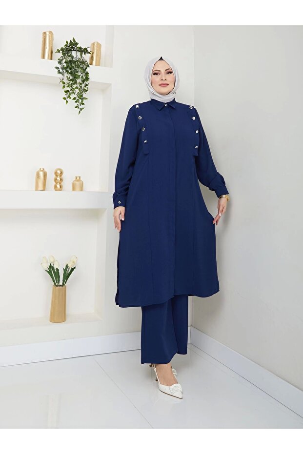 Navy Blue Long Size Shirt Set - Oversized Hijab Set