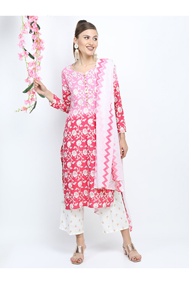 Women Pink and White Floral Printed Kurta Set with Dupatta