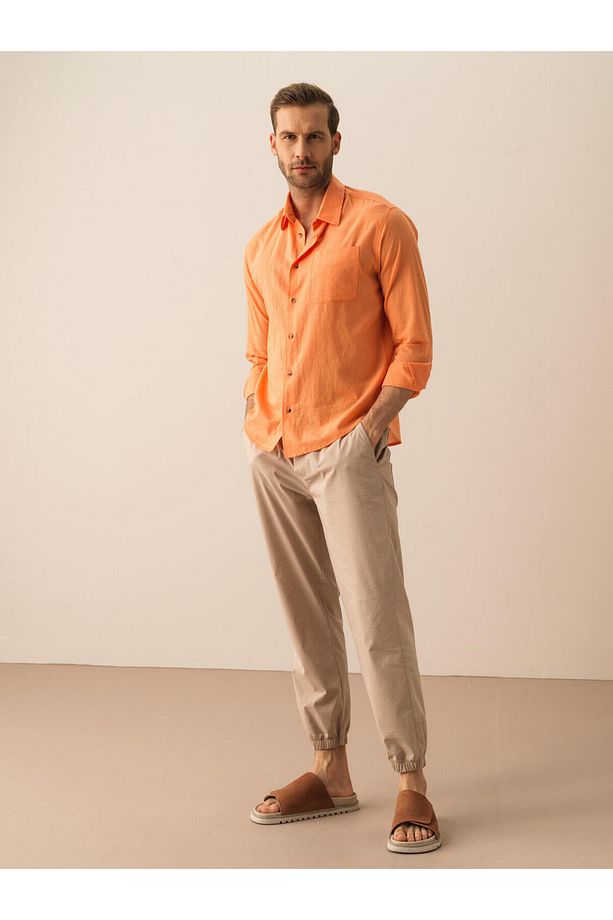 Erkek Oranj %100 Pamuk Regular Fit Basic Gömlek - 2