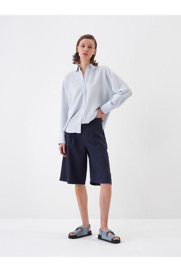 Kadın Lacivert Oversize Keten Basic Şort - 1