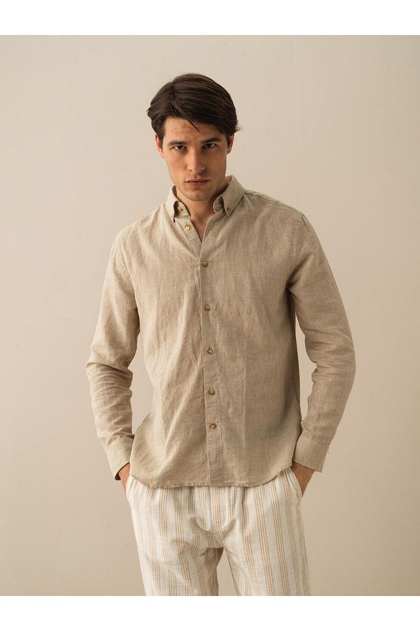 Erkek Taş Rengi Regular Fit Keten Basic Gömlek - 1