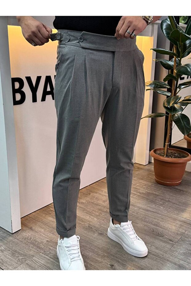 Italian Cut Fabric Trousers with Elastic Waist