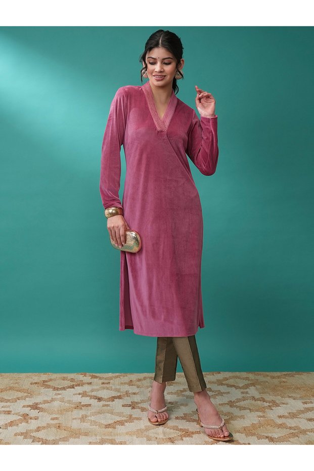Women Pink V Neck Long Sleeves Gotta Patti Kurta