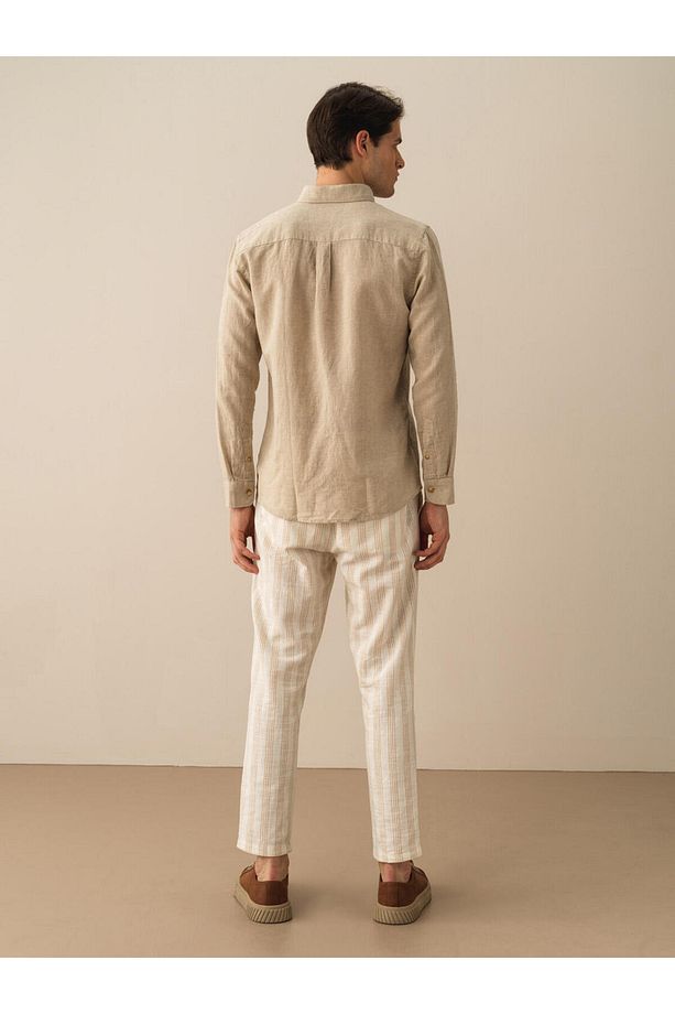 Erkek Taş Rengi Regular Fit Keten Basic Gömlek - 4