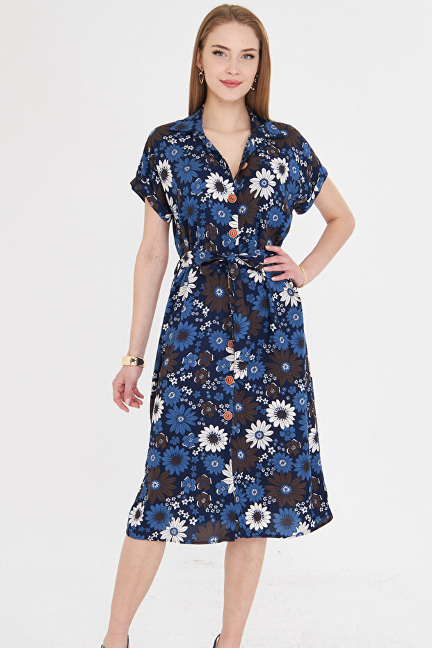 Women's Blue Patterned Short Sleeve Shirt Dress with Belt Arm-22Y 001007
