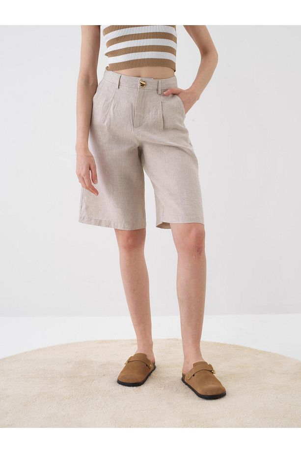 Kadın Naturel Oversize Keten Basic Şort - 1