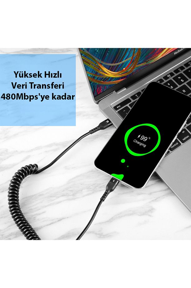 1,5 M Pd 60w Geri Çekilebilir Yaylı Kablo Hızlı Şarj Dirseği Tip-c'den Tip-c'ye Veri Kablosu - 5
