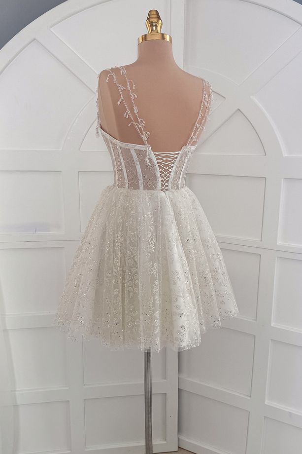 Beyaz Simli Yaprak Desen Mini Parti ve Nikah Elbisesi - 4