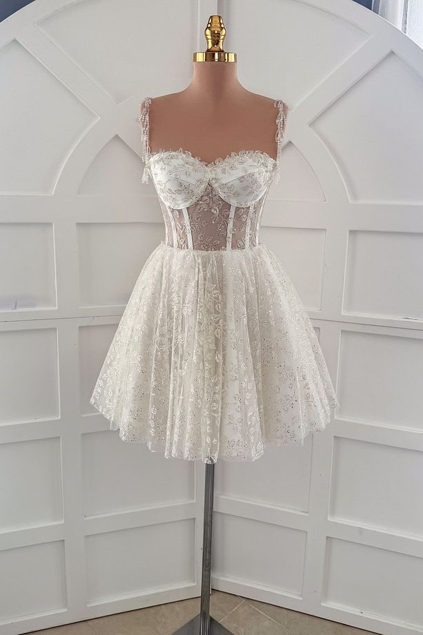 Beyaz Simli Yaprak Desen Mini Parti ve Nikah Elbisesi - 2