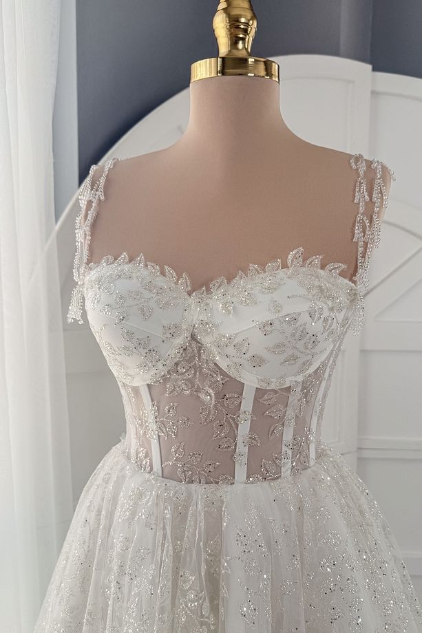 Beyaz Simli Yaprak Desen Mini Parti ve Nikah Elbisesi - 3