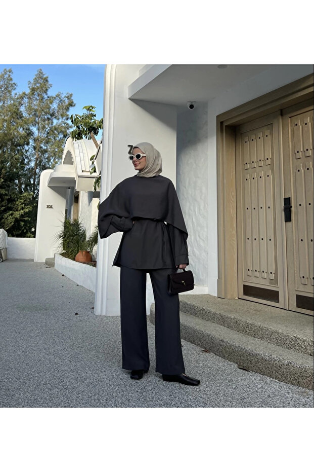 Black Drape Collar Blouse Trousers Set - 8625