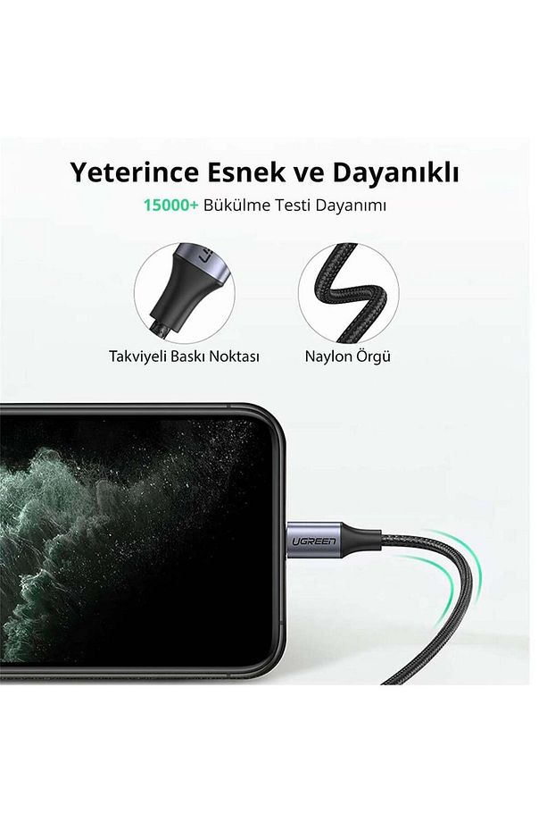 Type-C to Lightning 3A PD MFi Sertifikalı Örgülü Hızlı Şarj Kablosu 1 Metre - Siyah - 5