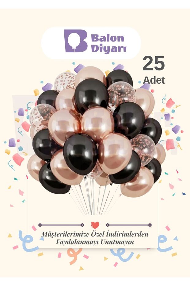 25 Pcs Black Transparent Confetti, Chrome Rose Gold Balloon Quality Balloon Set