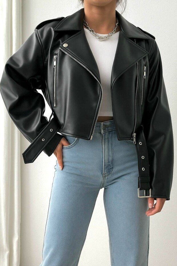 Černá kožená bunda s páskem - 2