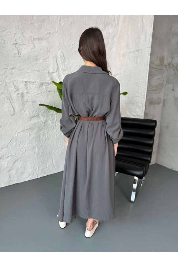 Antrasit Yumoş Dokulu Kemerli Gömlek Elbise - 5