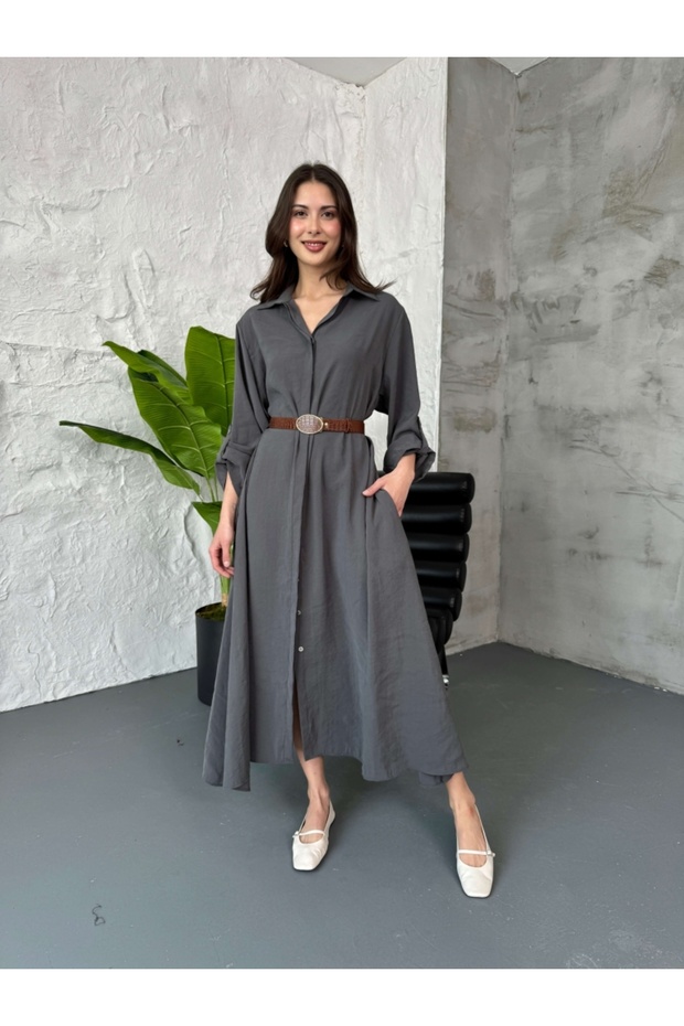 Antrasit Yumoş Dokulu Kemerli Gömlek Elbise - 3